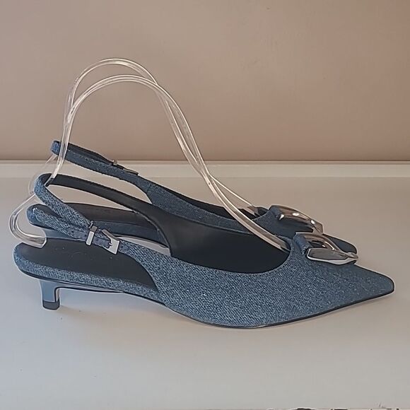 Charles & Keith Gabine Slingback Blue Denim Kitten Heel Silver Decor EU 36 - Picture 7 of 16